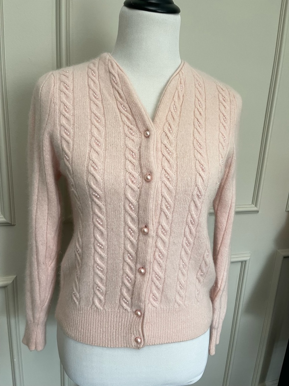 Lauren Cole Petites Pink Pearl-Button Cable Knit Cardigan